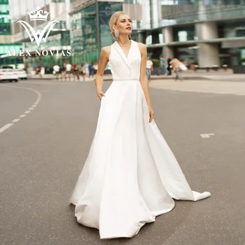 ALEX NOVIAS A-Line Атласное свадебное платье с карманами Высокое качество 2023 V-образный вырез Ремень Свадебное платье с открытой спиной Vestidos Novias De Saten