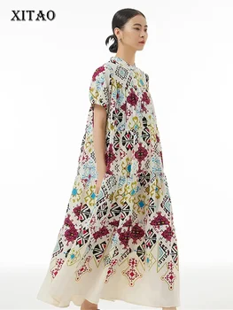 XITAO Винтажное платье Мода Новый женский пуловер Богиня Веер Повседневный стиль Свободный элегантный карман 2023 Летнее платье Топ DMJ1042