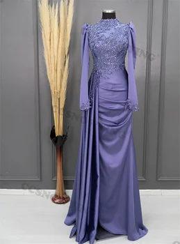 Аппликации Бисер Мусульманские вечерние платья Атлас с длинным рукавом Хиджаб Исламские официальные платья для вечеринок Женщины Арабский Дубай Марокканский кафтан