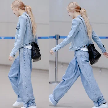 Kpop Корейские певцы Повседневные женские мешковатые джинсы с высокой талией Уличная мода Прямые широкие брюки Винтажные свободные джинсовые брюки
