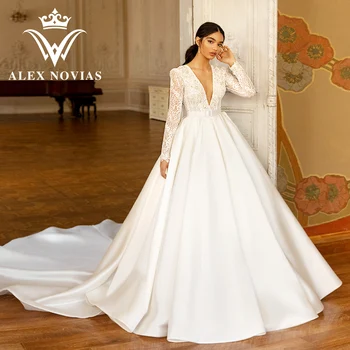 ALEX NOVIAS Атласное свадебное платье А-силуэта для женщин 2023 Глубокий V-образный вырез Аппликации Пояс Свадебное платье с длинным рукавом Vestidos De Novia