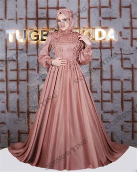 Роскошные аппликации Бисер Мусульманские вечерние платья Длинные рукава Исламские формальные платья для вечеринок Женщины с высоким воротником Арабские халаты De Soirée