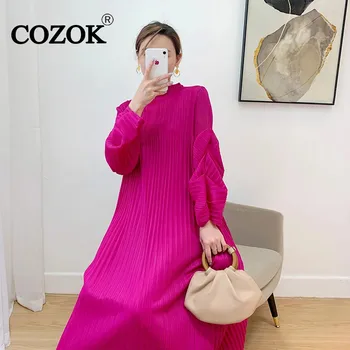 COZOK Однотонное женское плиссированное платье с пышными рукавами 2024 Новые универсальные модные длинные платья Мода женская WT150