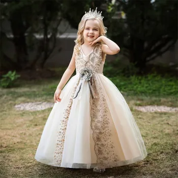 Элегантные платья для девочек из шампанского для свадьбы без рукавов с V-образным вырезом принцесса кружевные аппликации бальное платье платья для первого причастия