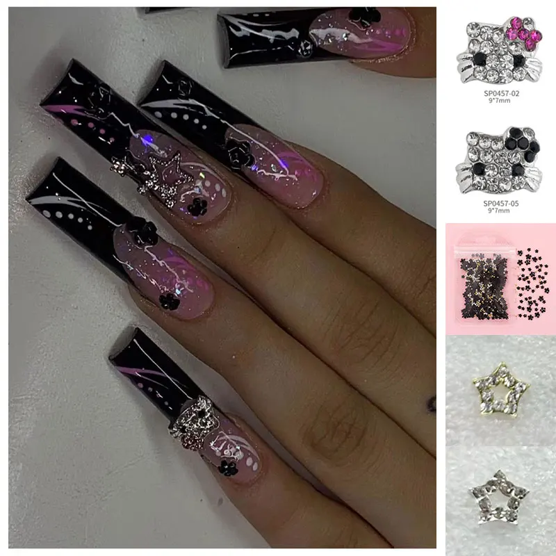 Luxury Kawaii 3D Cartoon Cat Alloy Full Of Diamond Hillstone Gemstone Nail Charm Star Flower DIY Профессиональные аксессуары для ногтей