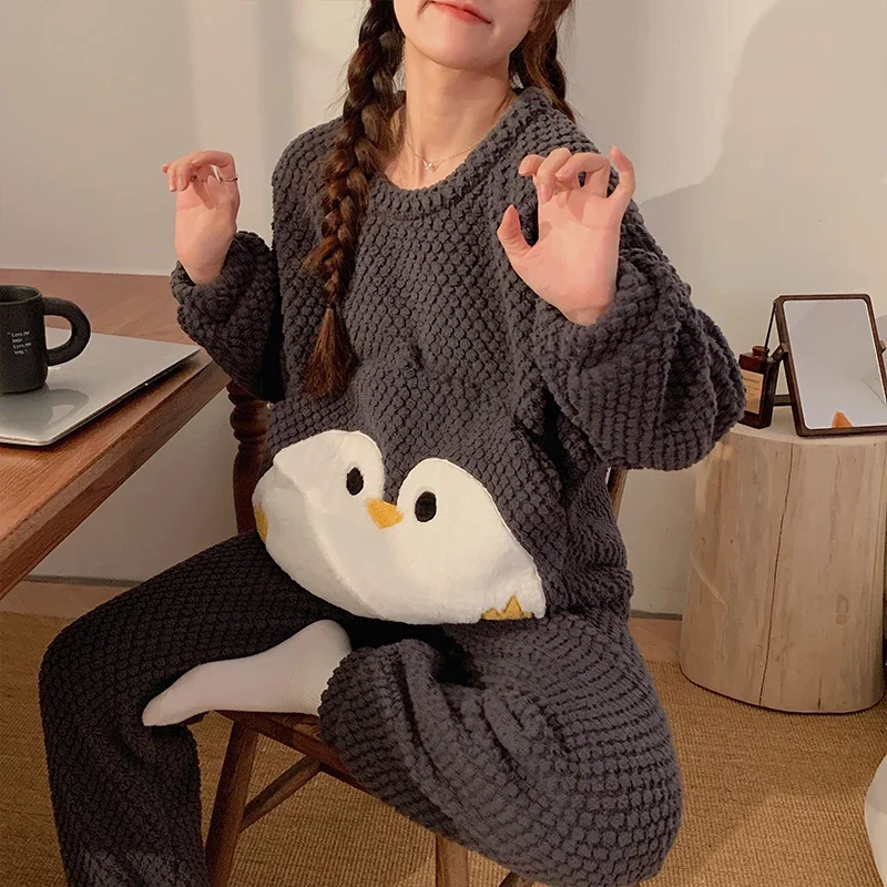 Зимний пижамный комплект Теплые женские фланелевые флисовые пижамы Пижамы Мультяшный пингвин Толстая мягкая теплая женская ночная рубашка Пижама Mujer
