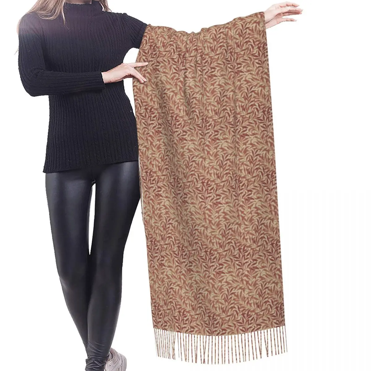 William Morris Willow Boughs Pattern Biscuit Терракотовый шарф Обертывание Женщины Длинные Зимние Теплые Кисточки Шаль Мода Универсальные шарфы