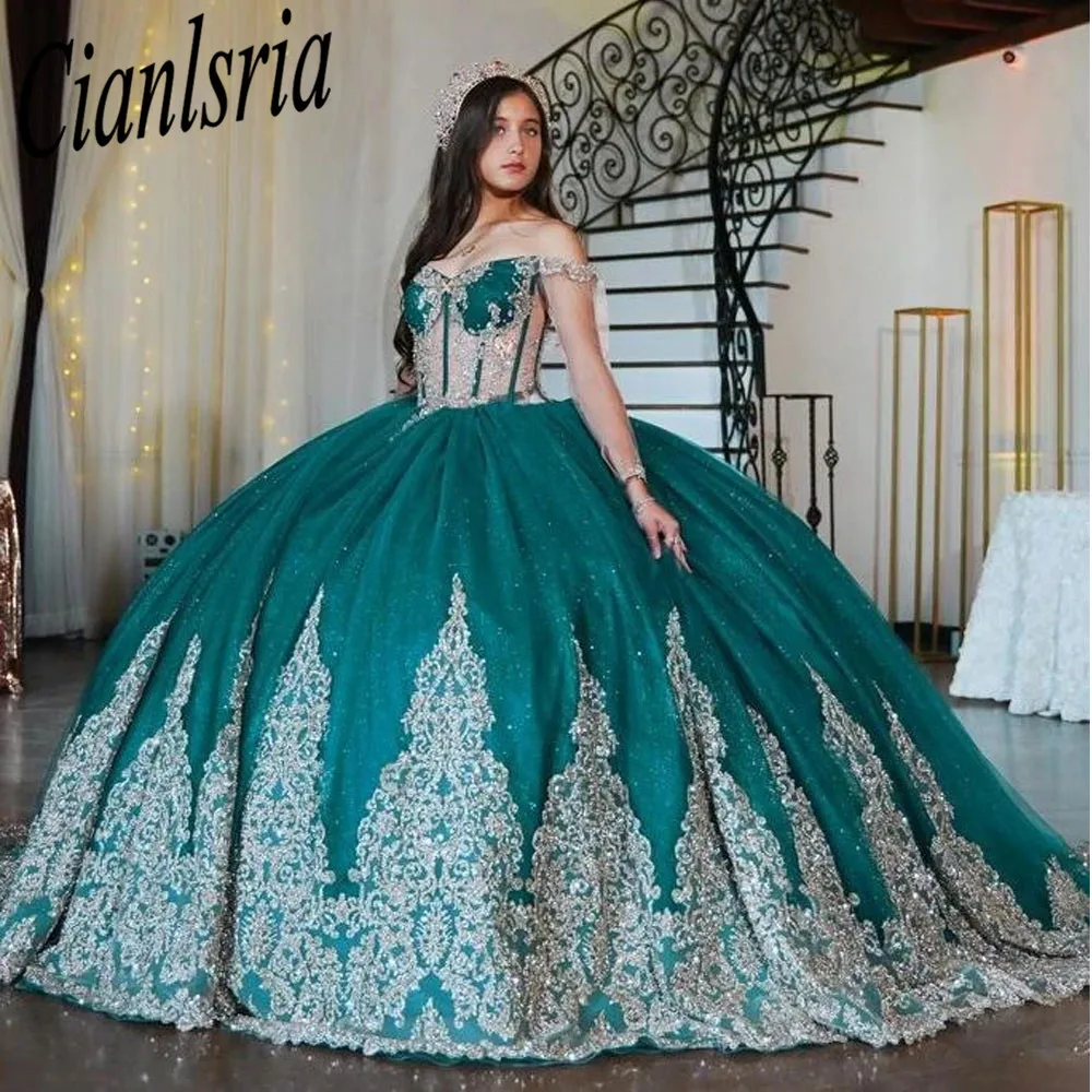Темно-зеленые платья Quinceanera Платья с открытыми плечами Средневековое выпускное платье Аппликация на шнуровке vestido de 15 Anos Robe Ball16 Платья