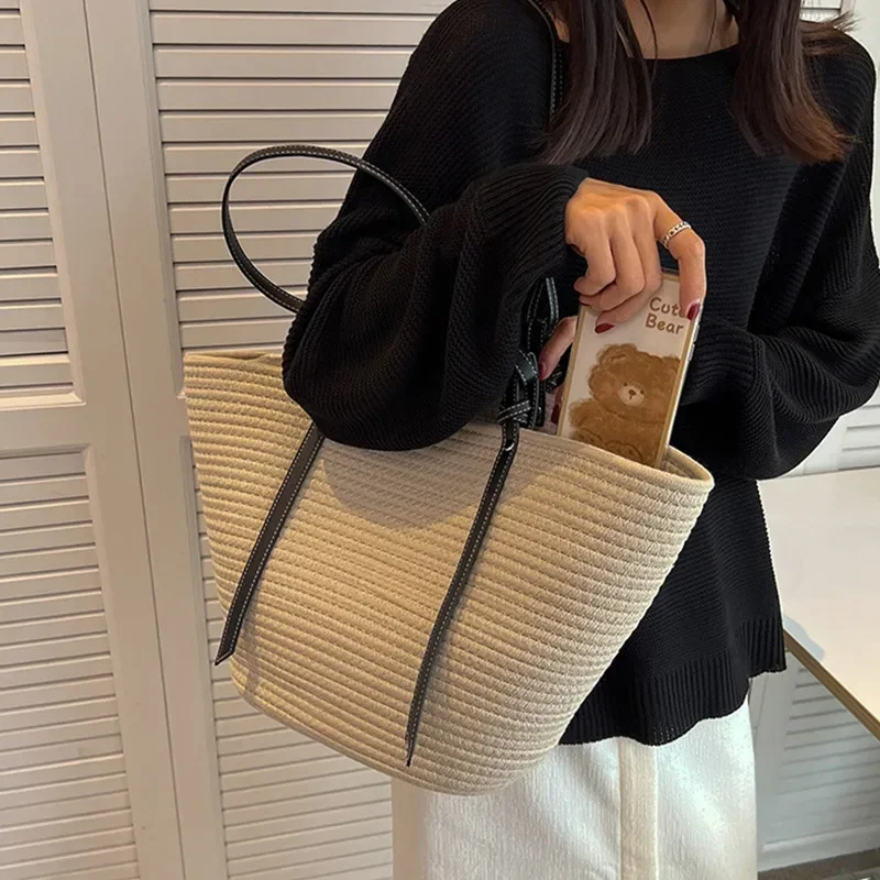 Женская сумка большой емкости Французская винтажная ручная соломенная тканая сумка Женская сумка в пляжном стиле Женская сумка через плечо