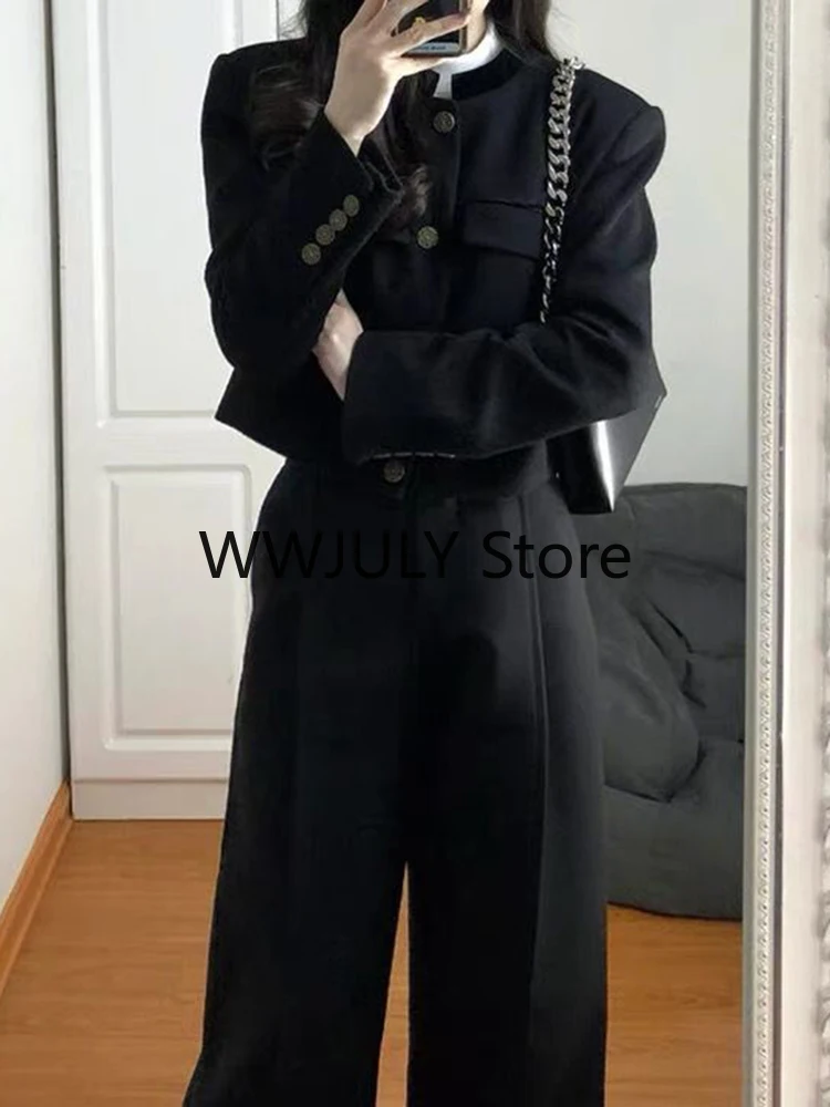 Черные комплекты из двух частей Женские комплекты Outifits 2023 Осень 2023 Новый укороченный пиджак с длинным рукавом и вырезом + широкие брючные костюмы с высокой талией