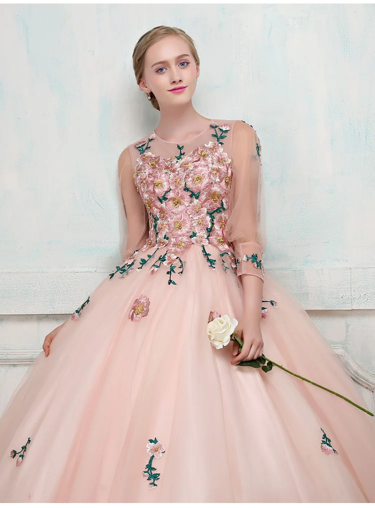 Розовое блестящее бальное платье Quinceanera Платья Вышивка Прозрачные рукава Аппликация Сладкое 16 Платье Вечеринка Одежда Реальная фотография