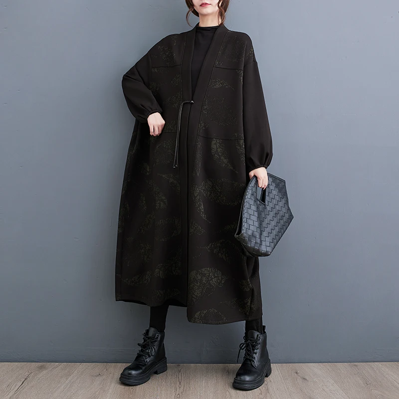 #7078 Черный Принт Винтаж Кимоно Тренч Пальто Женщины Длинные Свободные Кардиган С Раздельным Соединением Пальто Дамы Свободный V-образный вырез Корейская мода