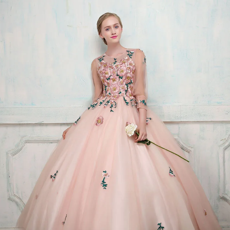 Розовое блестящее бальное платье Quinceanera Платья Вышивка Прозрачные рукава Аппликация Сладкое 16 Платье Вечеринка Одежда Реальная фотография