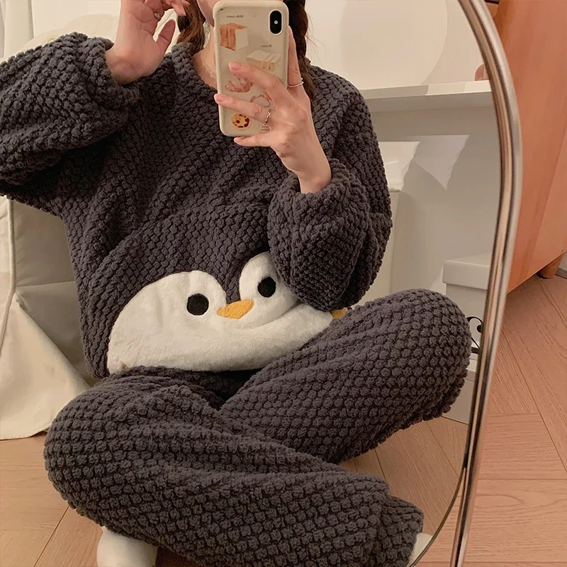 Зимний пижамный комплект Теплые женские фланелевые флисовые пижамы Пижамы Мультяшный пингвин Толстая мягкая теплая женская ночная рубашка Пижама Mujer