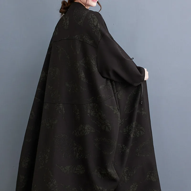 #7078 Черный Принт Винтаж Кимоно Тренч Пальто Женщины Длинные Свободные Кардиган С Раздельным Соединением Пальто Дамы Свободный V-образный вырез Корейская мода
