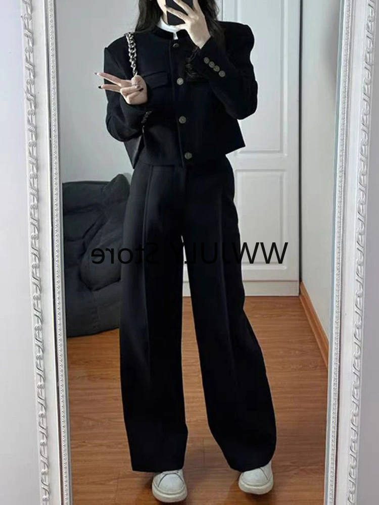 Черные комплекты из двух частей Женские комплекты Outifits 2023 Осень 2023 Новый укороченный пиджак с длинным рукавом и вырезом + широкие брючные костюмы с высокой талией